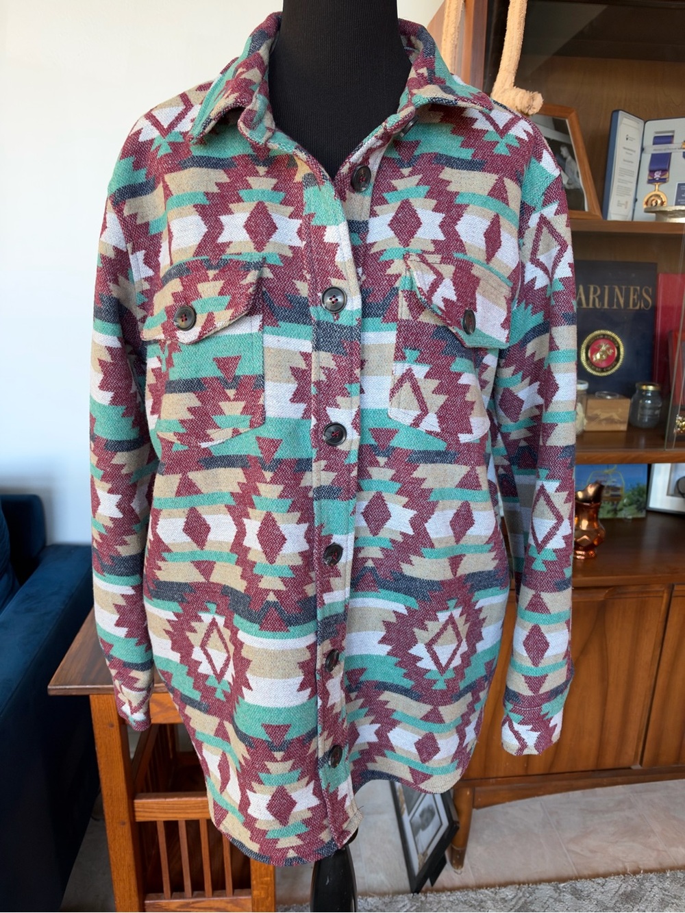 JODIFL Teal and Burgundy Aztec Button-Front Shacket